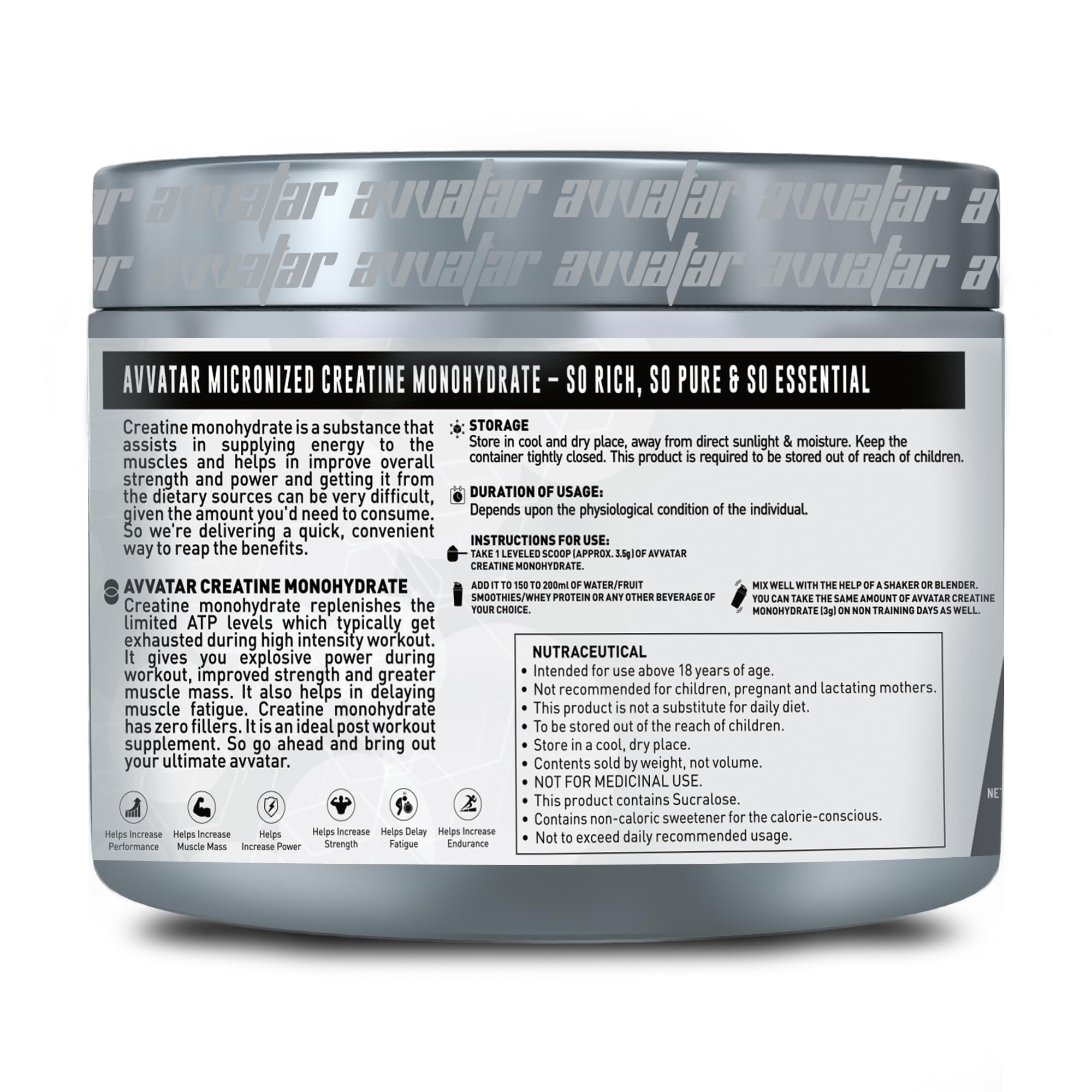 avvatar Creatine Monohydrate Powder, Micronized Formula, Unisex Nutritional Supplement - front view