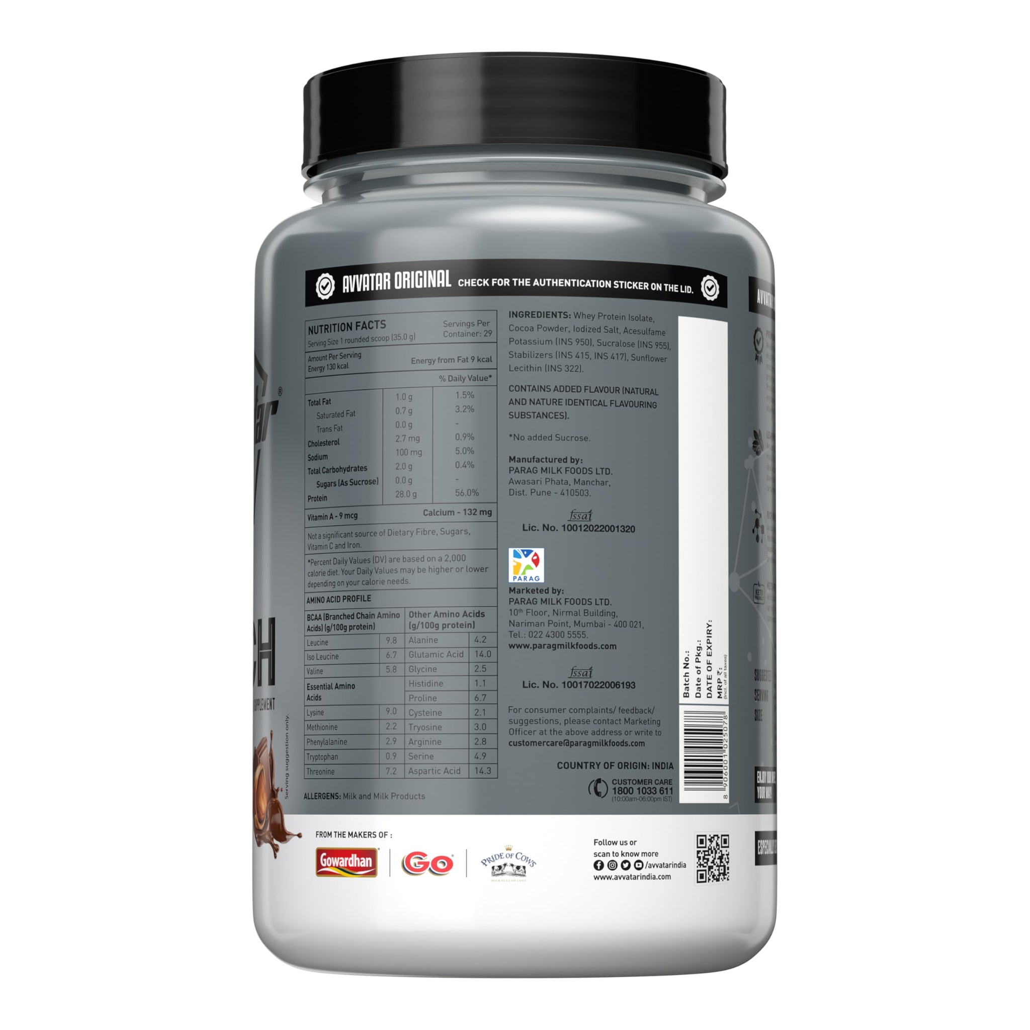 avvatar ISORICH Whey Protein Isolate Powder, 1kg, 28g Protein, 29 Servings - label detail (16)