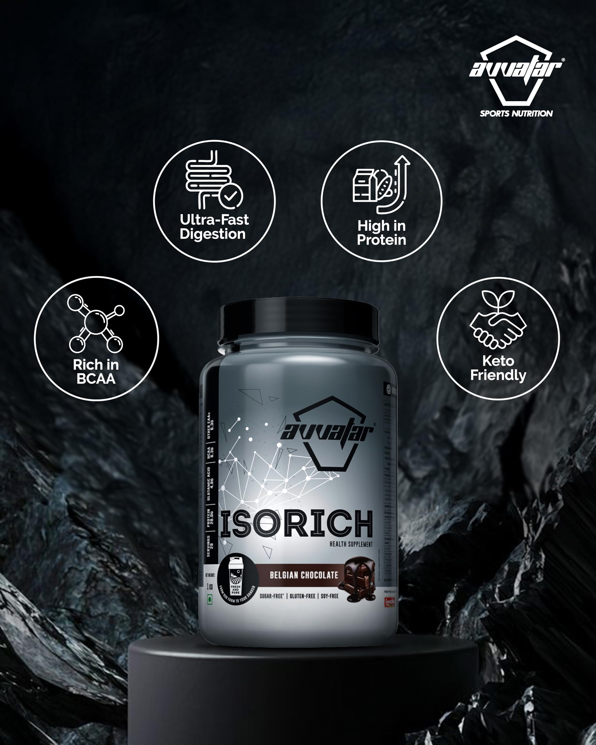 avvatar ISORICH Whey Protein Isolate Powder, 1kg, 28g Protein, 29 Servings - back view