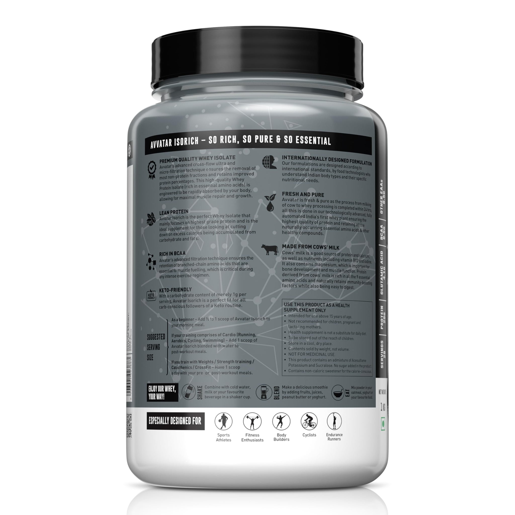 avvatar ISORICH Whey Protein Isolate Powder, 1kg, 28g Protein, 29 Servings - label detail