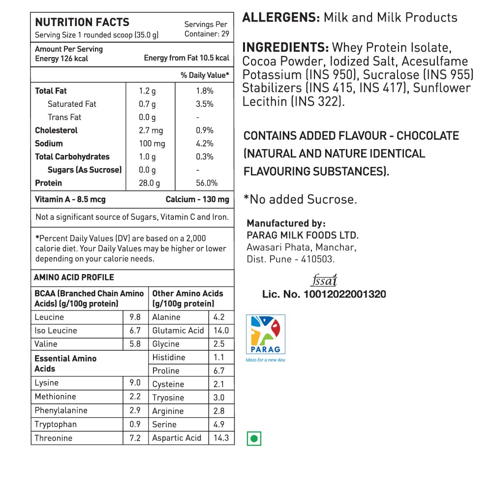 avvatar ISORICH Whey Protein Isolate Powder, 1kg, 28g Protein, 29 Servings - ingredients panel