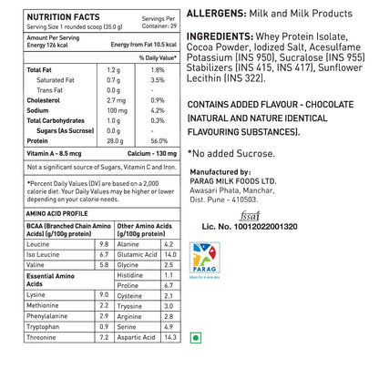 avvatar ISORICH Whey Protein Isolate Powder, 1kg, 28g Protein, 29 Servings - ingredients panel