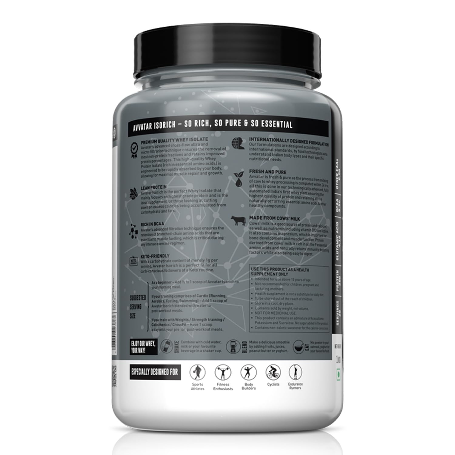 avvatar ISORICH Whey Protein Isolate Powder, 1kg, 28g Protein, 29 Servings - front view (9)