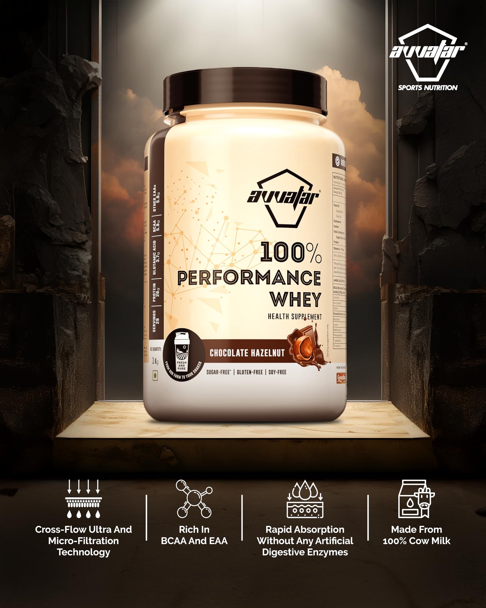 avvatar Performance Whey Protein Powder, 25g Protein Per Serving, Adult, Vegetarian, Fresh Cow Milk, Made in India - back vie