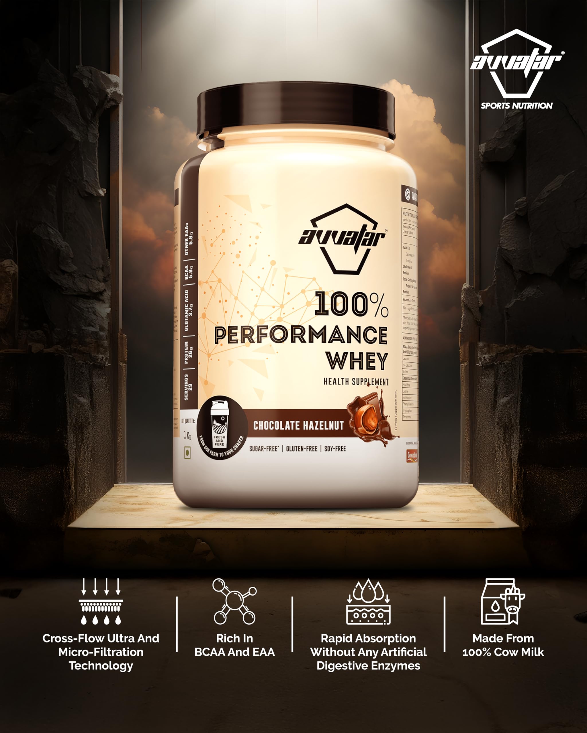 avvatar Performance Whey Protein Powder, 25g Protein Per Serving, Adult, Vegetarian, Fresh Cow Milk, Made in India - back vie