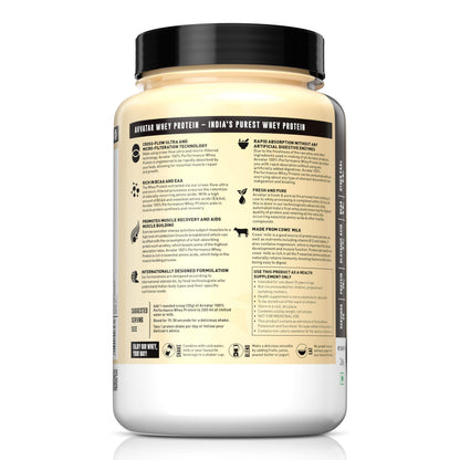 avvatar Performance Whey Protein Powder, 25g Protein Per Serving, Adult, Vegetarian, Fresh Cow Milk, Made in India - label de