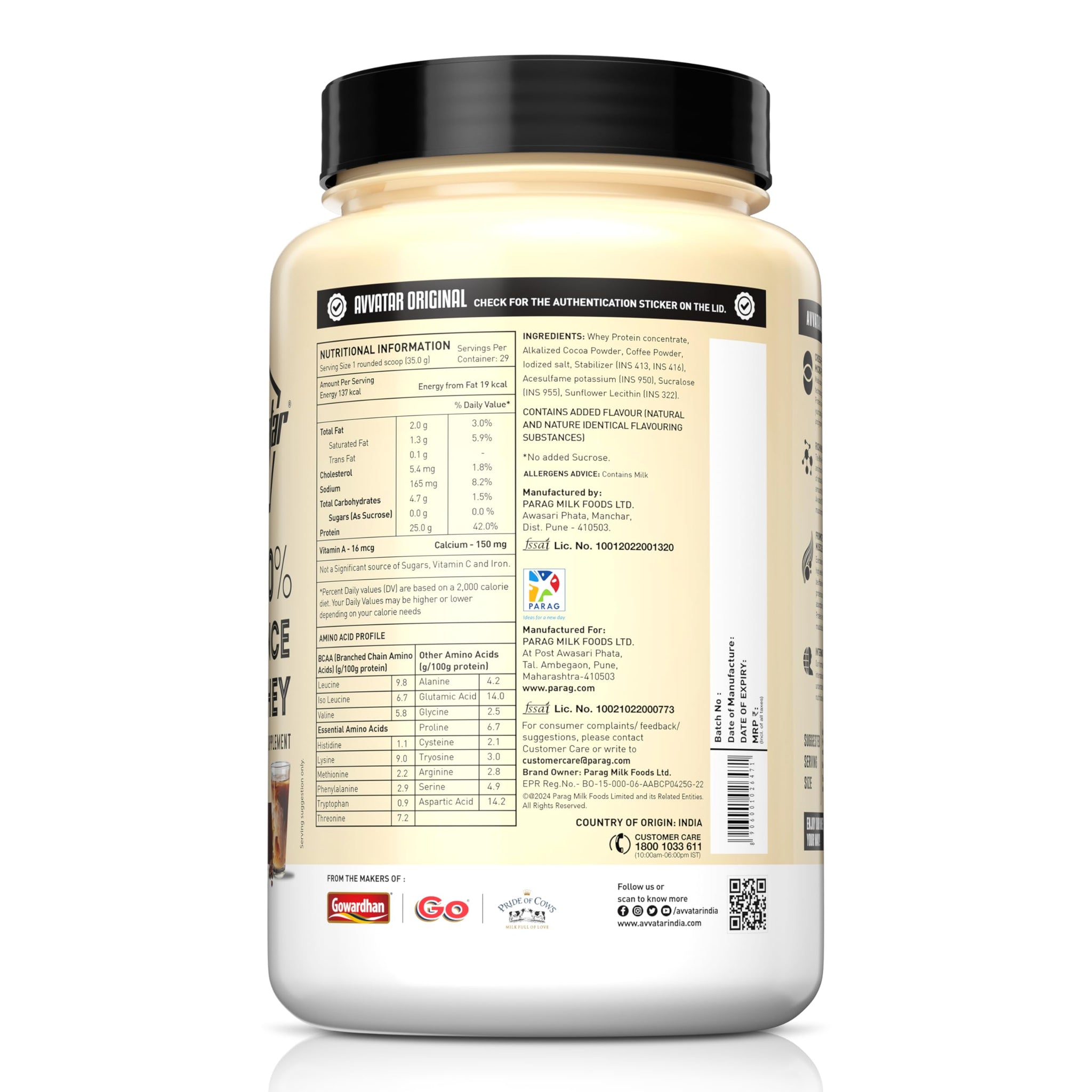 avvatar Performance Whey Protein Powder, 25g Protein Per Serving, Adult, Vegetarian, Fresh Cow Milk, Made in India - front vi