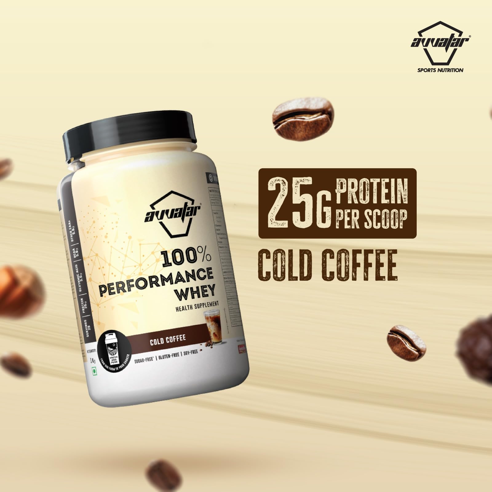 avvatar Performance Whey Protein Powder, 25g Protein Per Serving, Adult, Vegetarian, Fresh Cow Milk, Made in India - packagin