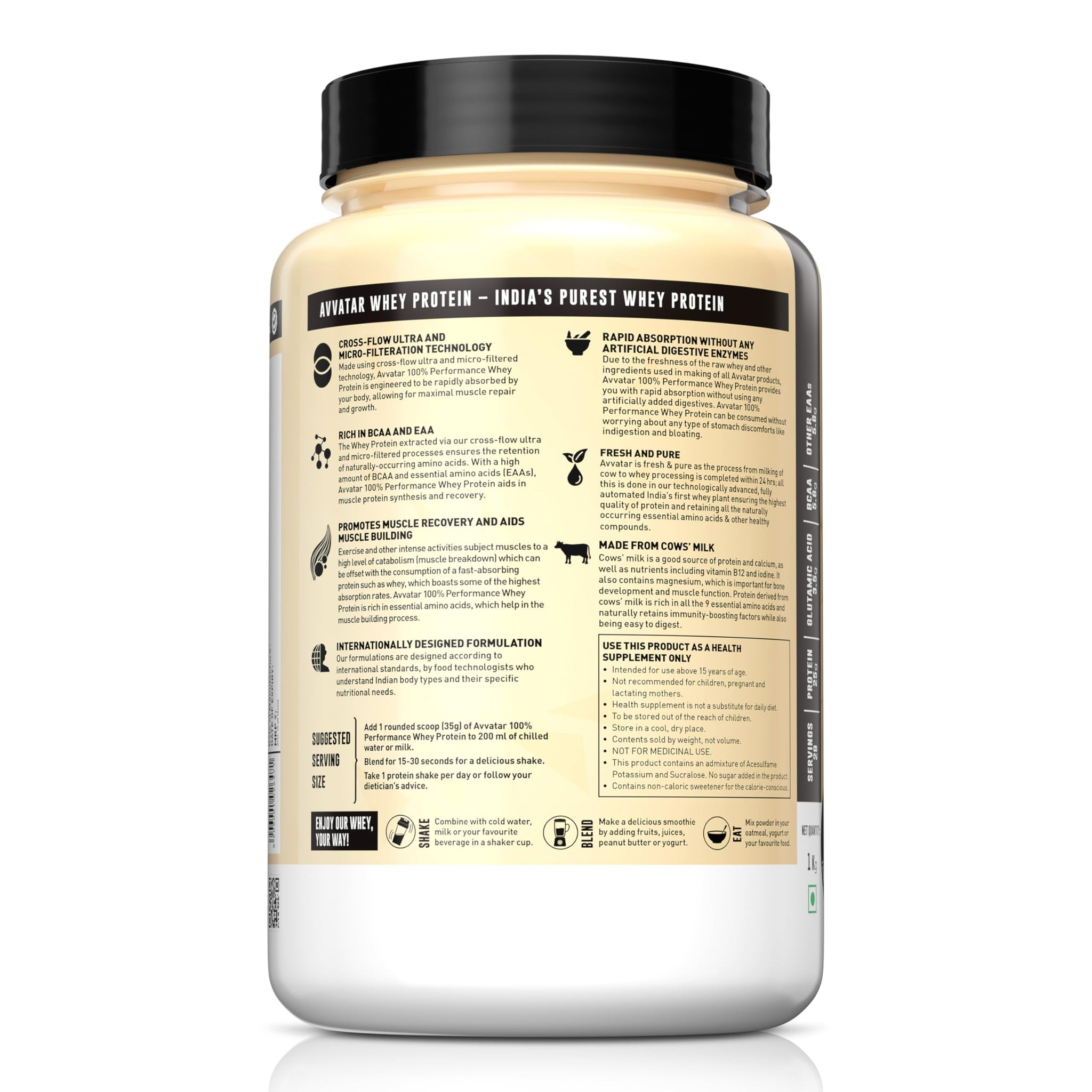 avvatar Performance Whey Protein Powder, 25g Protein Per Serving, Adult, Vegetarian, Fresh Cow Milk, Made in India - label de