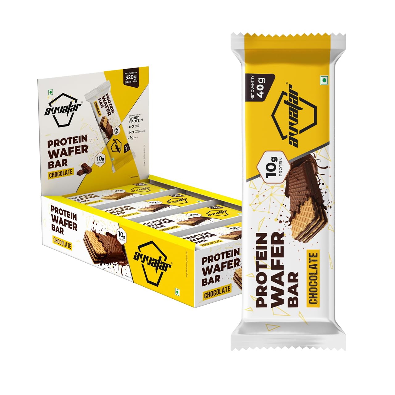 avvatar Protein Wafer Bar, 10g Protein, 2g Fiber, 8-Pack (40g each), No Added Sugar, No Preservatives