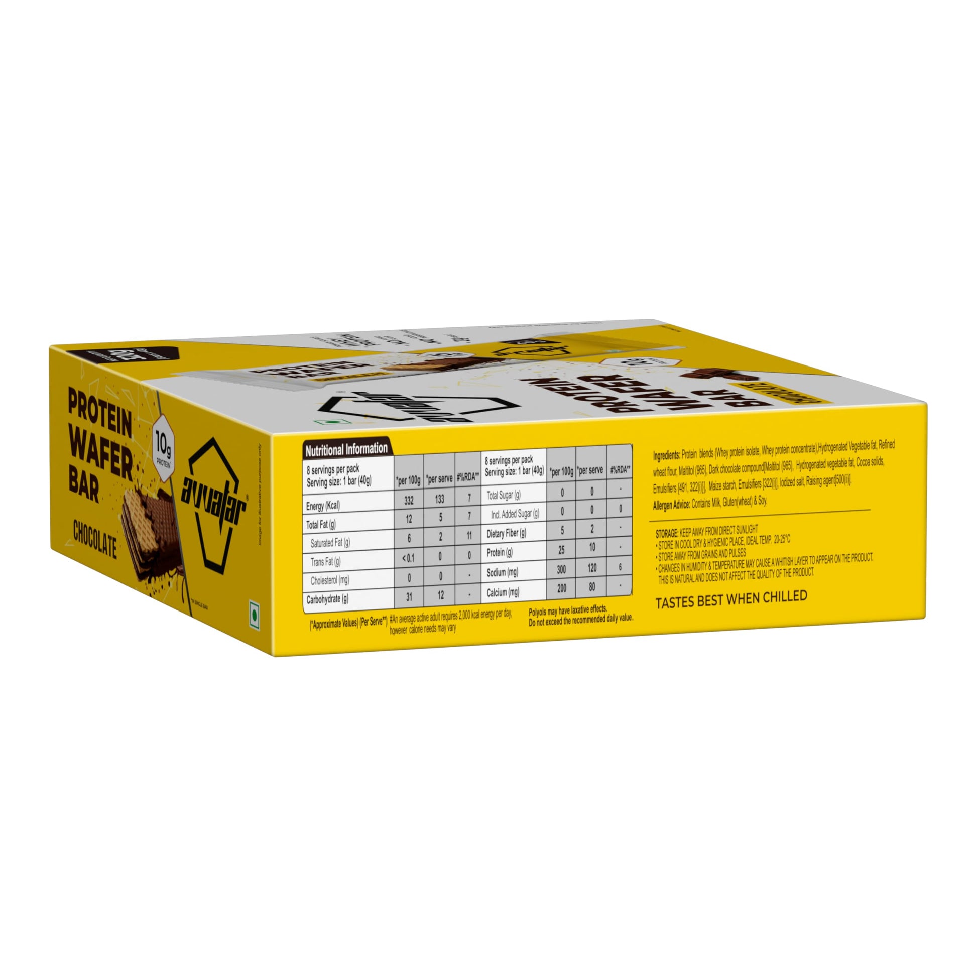 avvatar Protein Wafer Bar, 10g Protein, 2g Fiber, 8-Pack (40g each), No Added Sugar, No Preservatives - label detail