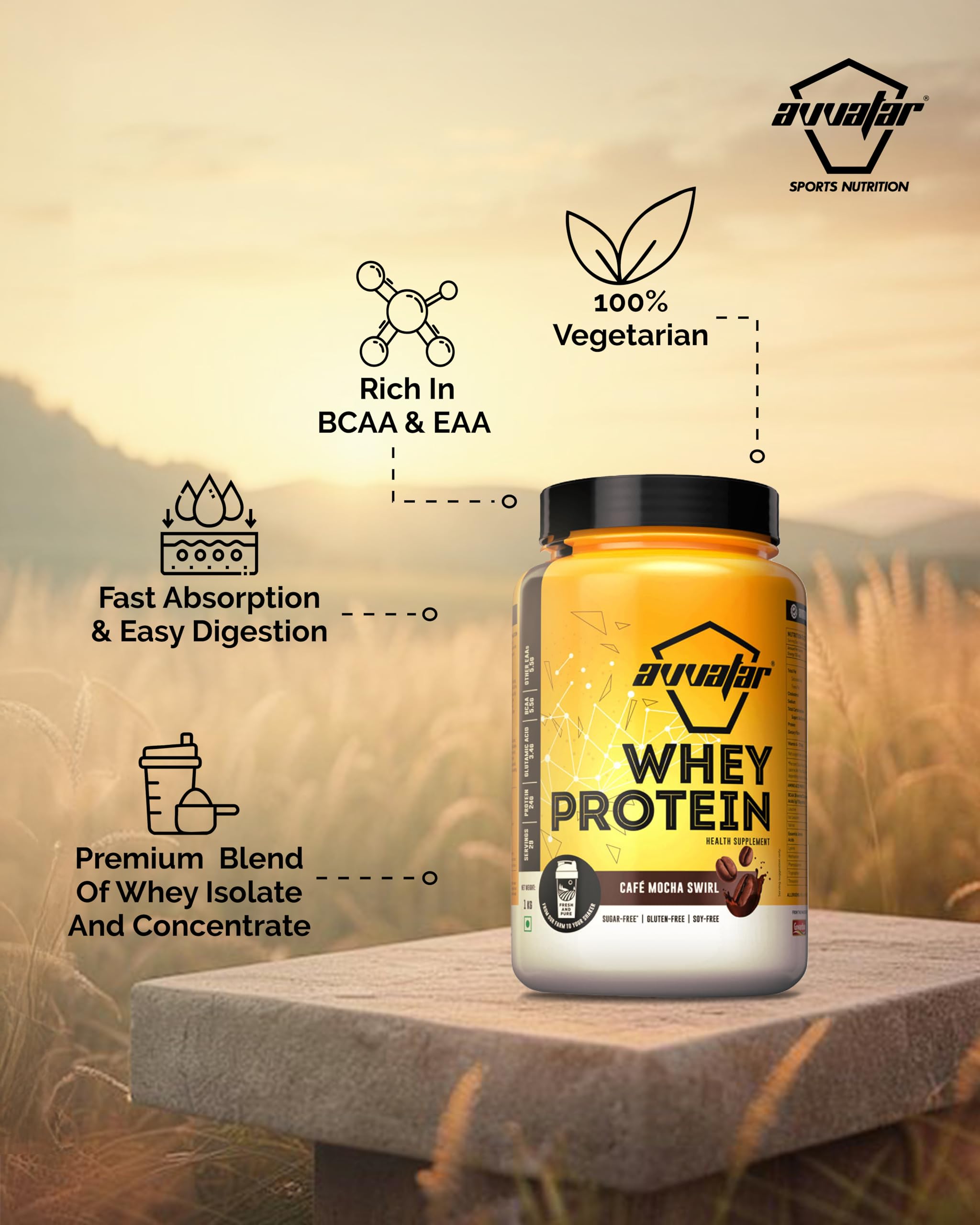 avvatar Whey Protein Powder, 1kg, Belgian Chocolate Flavour, Isolate and Concentrate Blend - close-up detail (14)