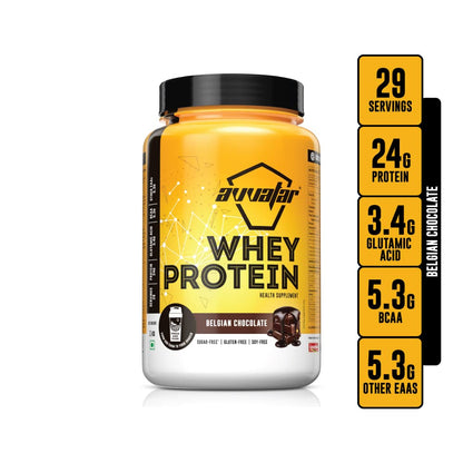 avvatar Whey Protein Powder, 1kg, Belgian Chocolate Flavour, Isolate and Concentrate Blend - front view