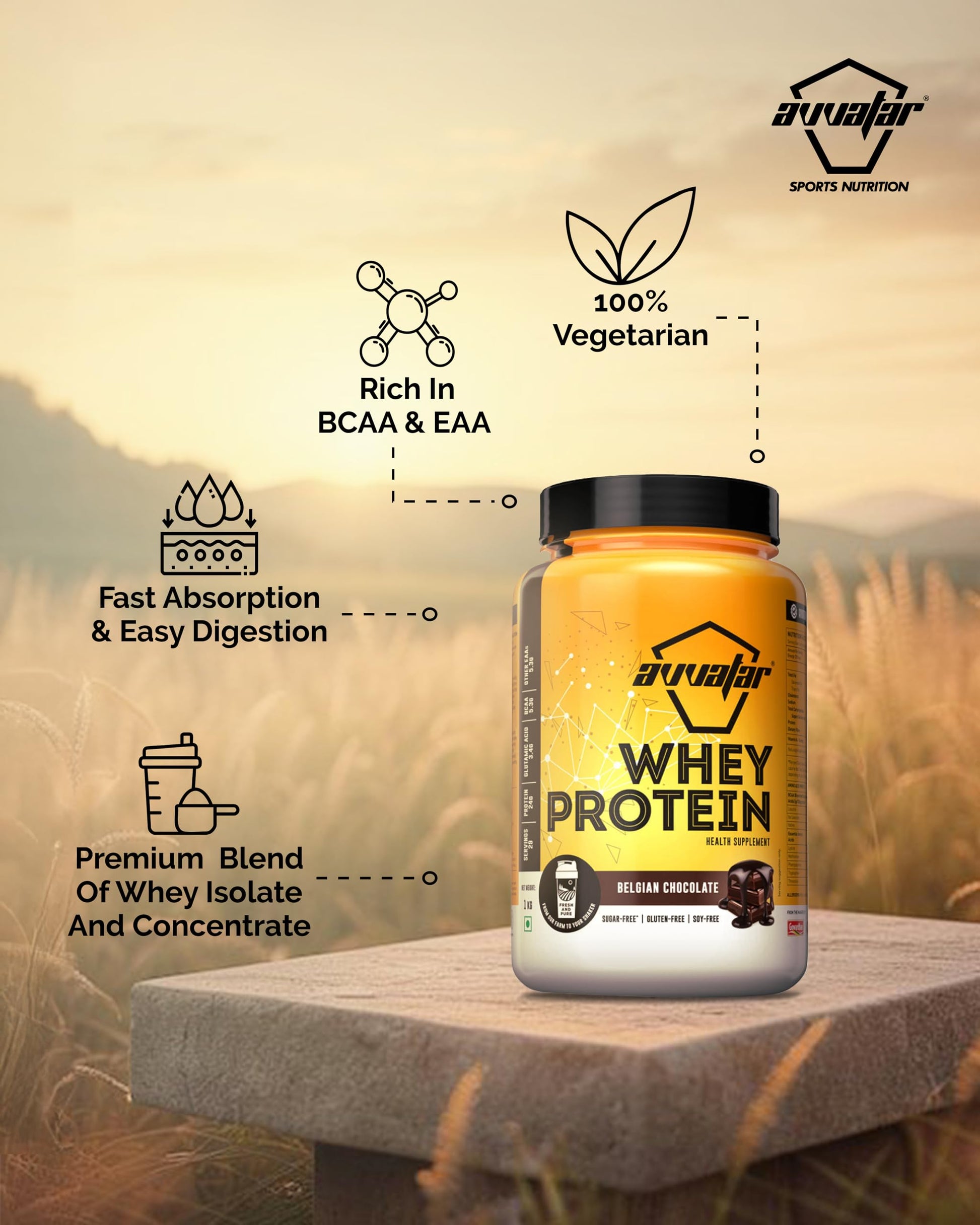 avvatar Whey Protein Powder, 1kg, Belgian Chocolate Flavour, Isolate and Concentrate Blend - ingredients panel