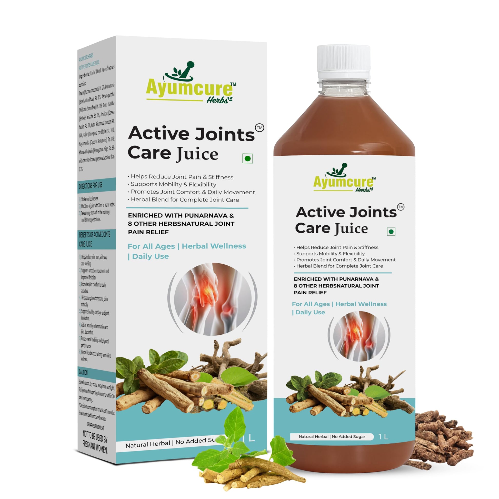 Ayumcure Active Joints Care Juice - Herbal Supplement, 1L, with Punarnava and 8 Herbs, No Added Sugar