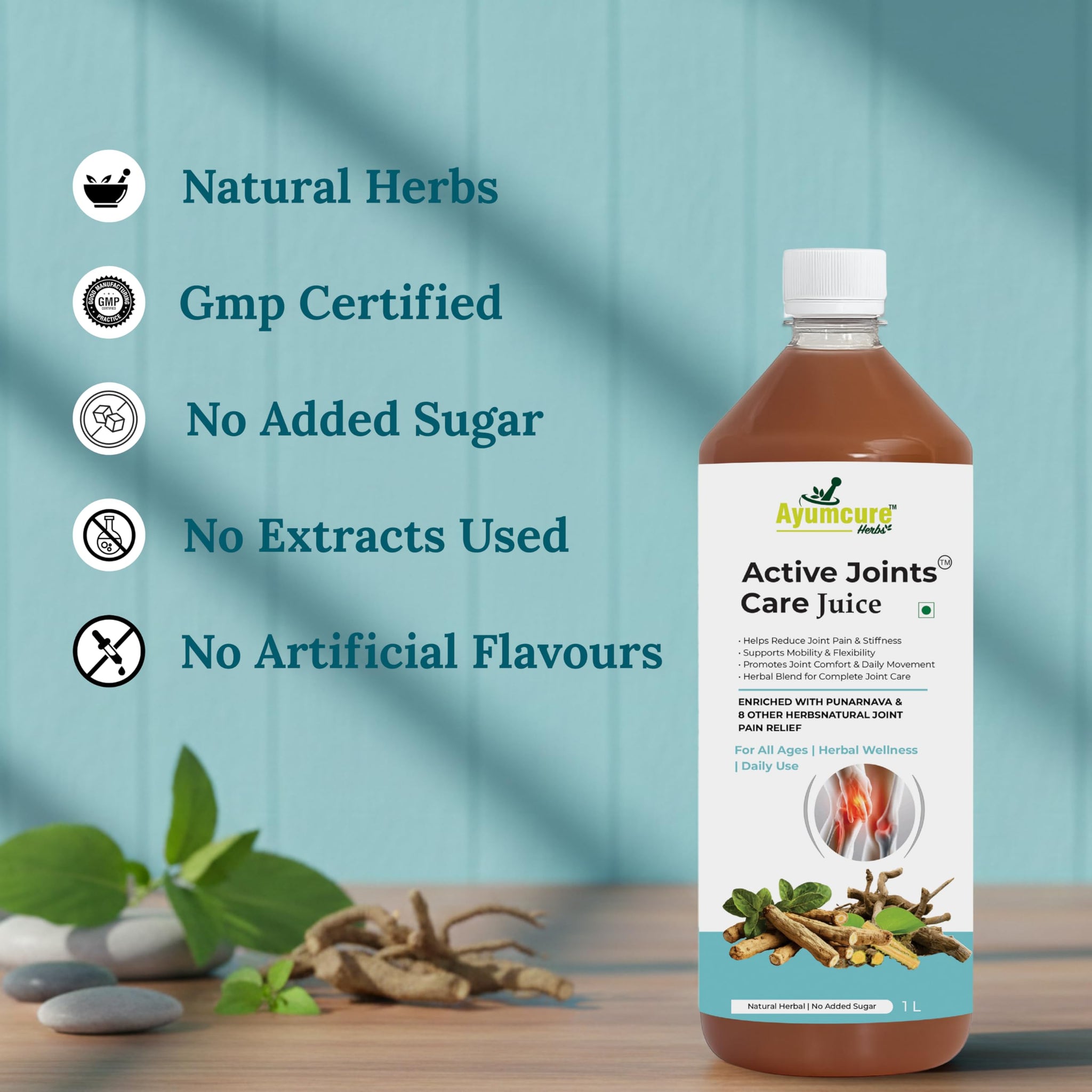 Ayumcure Active Joints Care Juice - Herbal Supplement, 1L, with Punarnava and 8 Herbs, No Added Sugar - ingredients panel