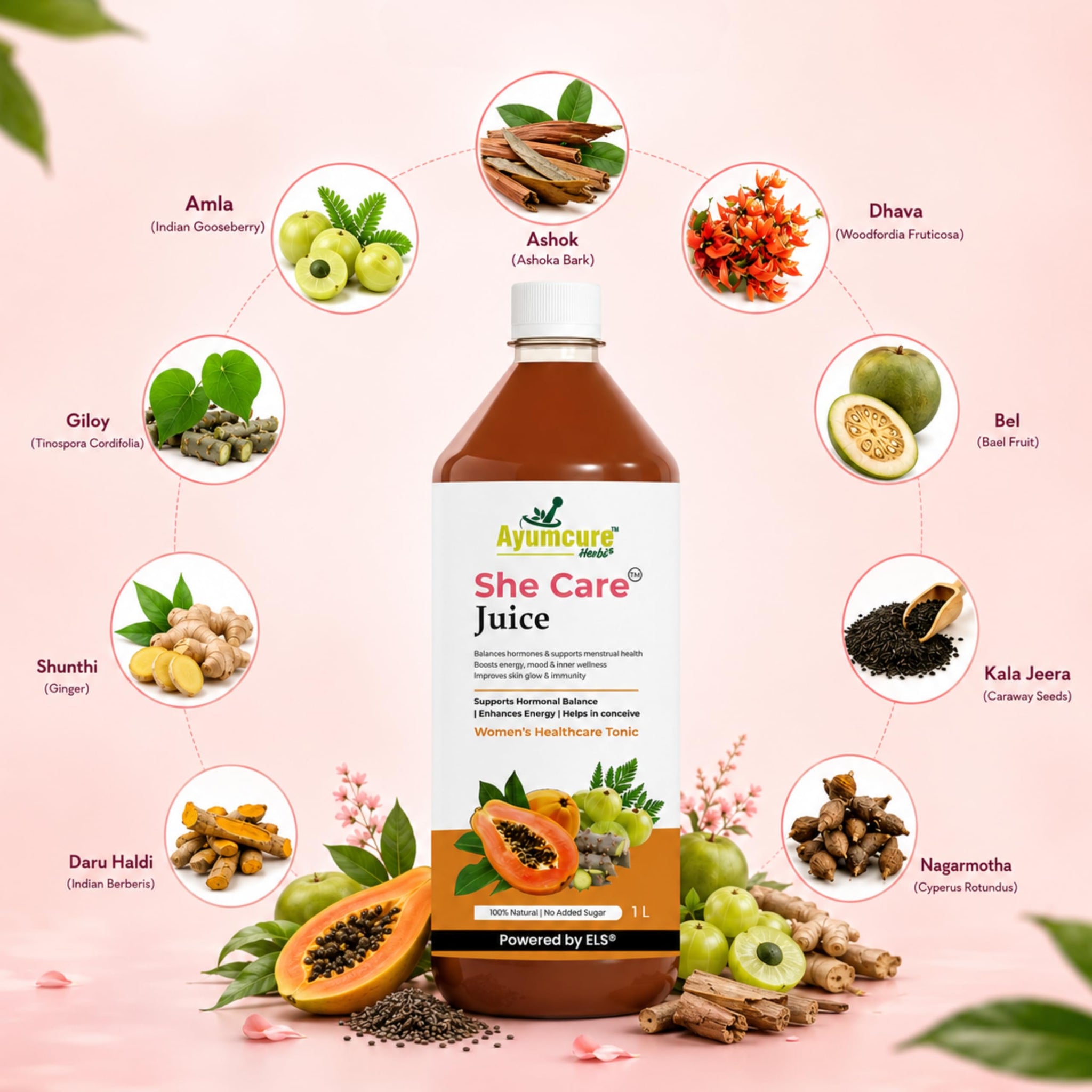 Ayumcure Ayurvedic Herbal Juice with Ashwagandha Shilajit Safed Musli Gokshura, No Added Sugar, Adult Formulation - front vie