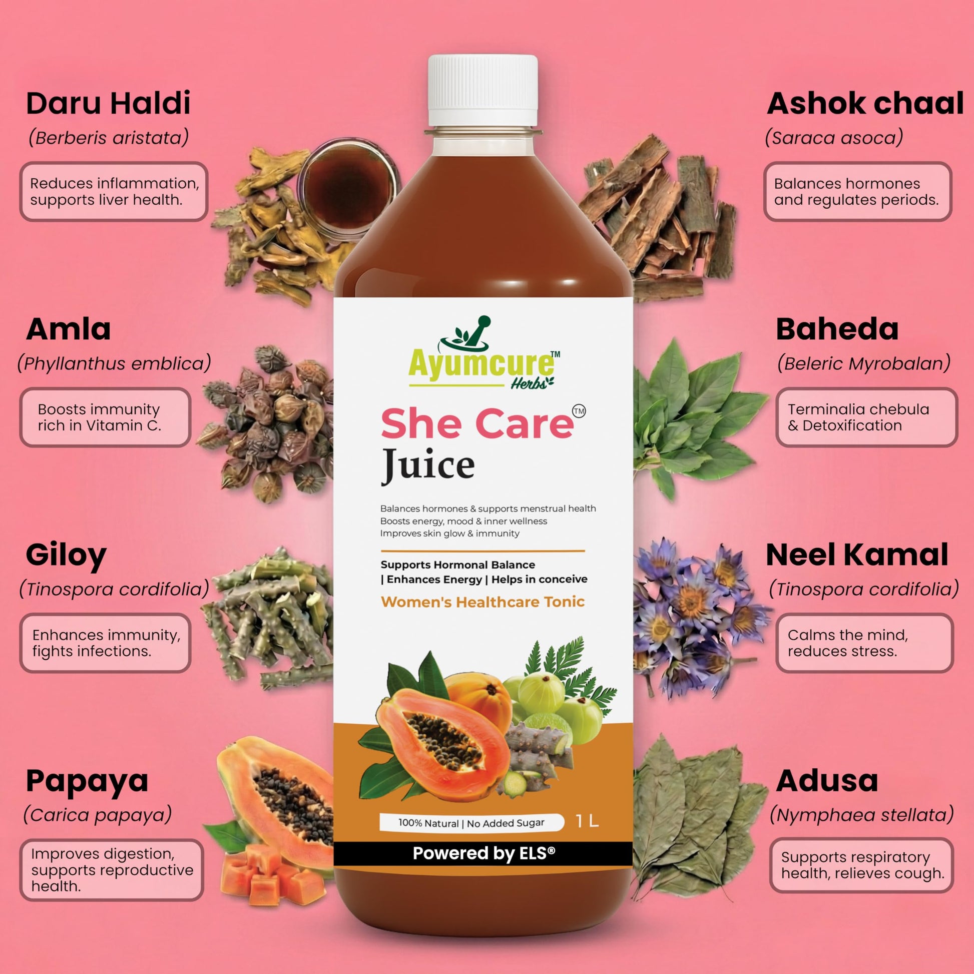 Ayumcure She Care Juice, 1000ml, Herbal Supplement for Women with Ashok Chaal, Papaya Leaf, Amla, Giloy - front view