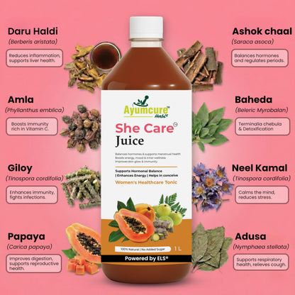 Ayumcure She Care Juice, 1000ml, Herbal Supplement for Women with Ashok Chaal, Papaya Leaf, Amla, Giloy - front view