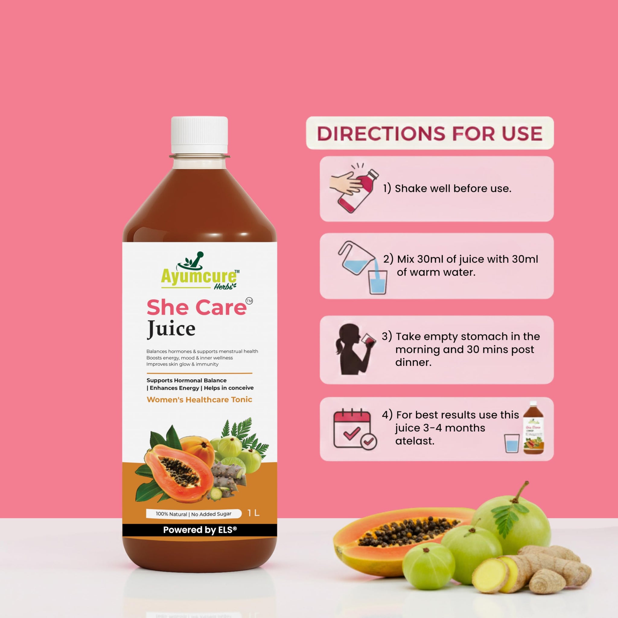 Ayumcure She Care Juice, 1000ml, Herbal Supplement for Women with Ashok Chaal, Papaya Leaf, Amla, Giloy - in use