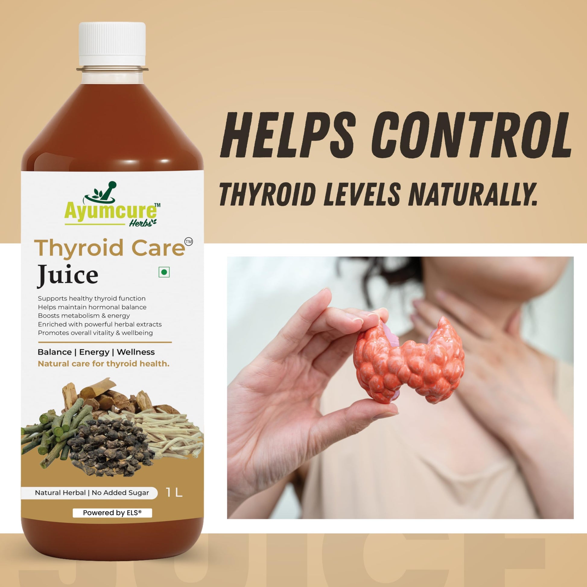 Ayumcure Thyroid Care Juice, 1L Herbal Supplement with Ashwagandha, Guggul, Licorice, Punarnava & Shankhpushpi, No Added Suga