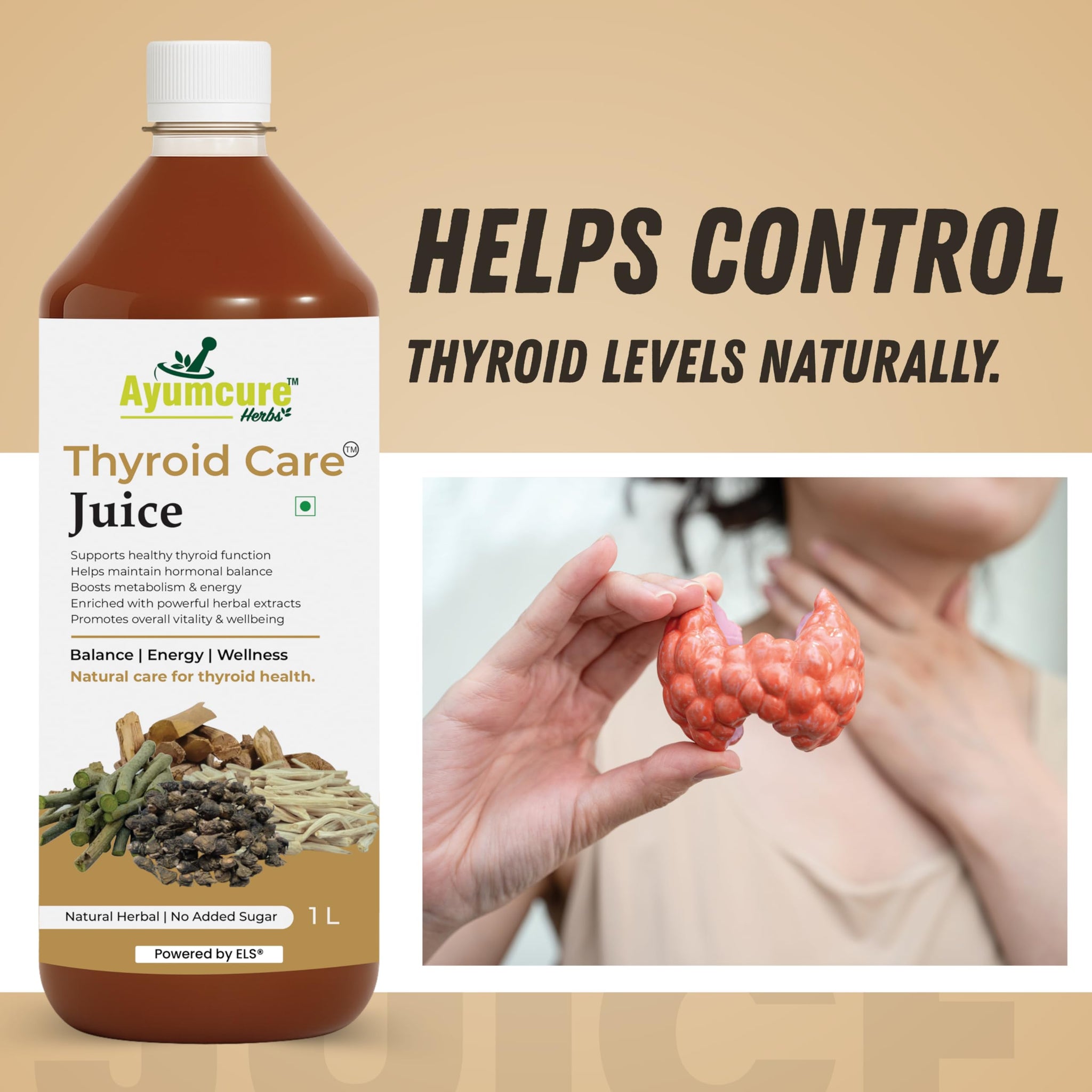 Ayumcure Thyroid Care Juice, 1L Herbal Supplement with Ashwagandha, Guggul, Licorice, Punarnava & Shankhpushpi, No Added Suga