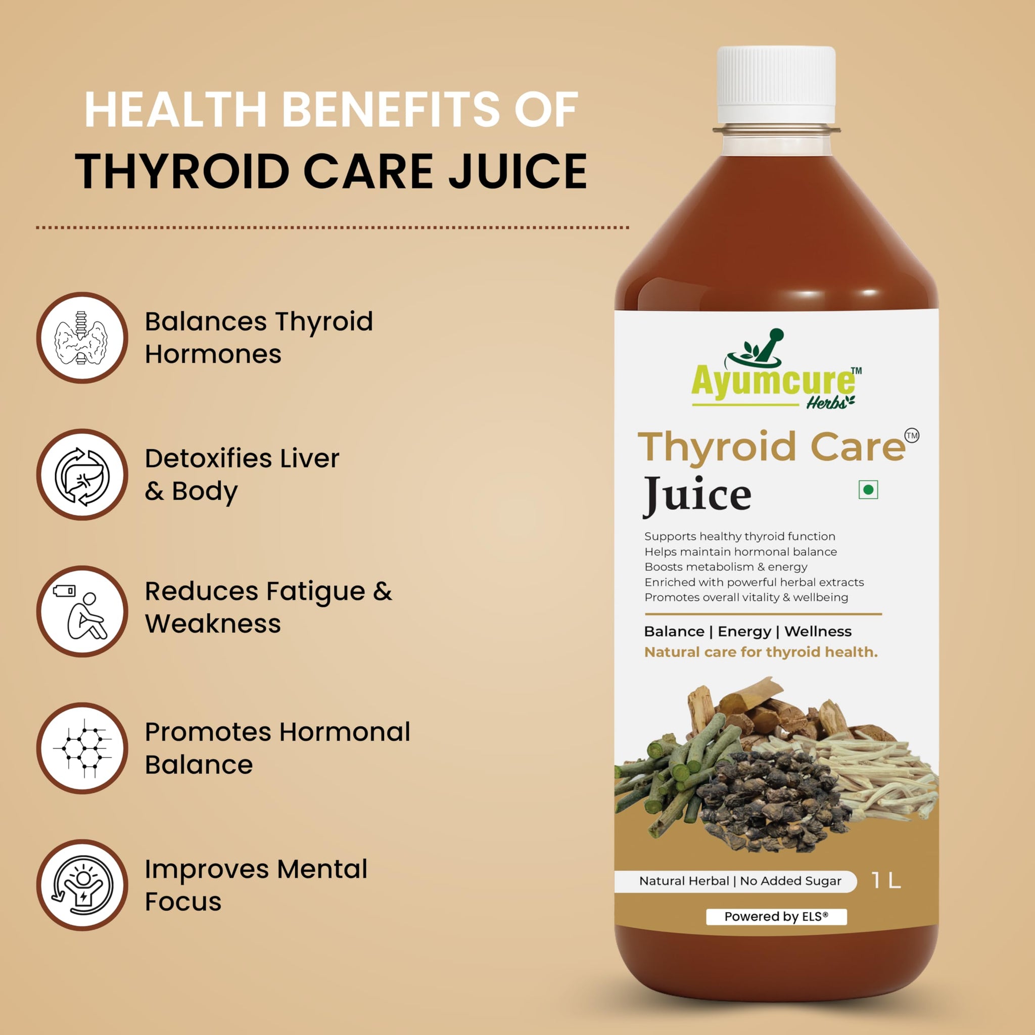 Ayumcure Thyroid Care Juice, 1L Herbal Supplement with Ashwagandha, Guggul, Licorice, Punarnava & Shankhpushpi, No Added Suga