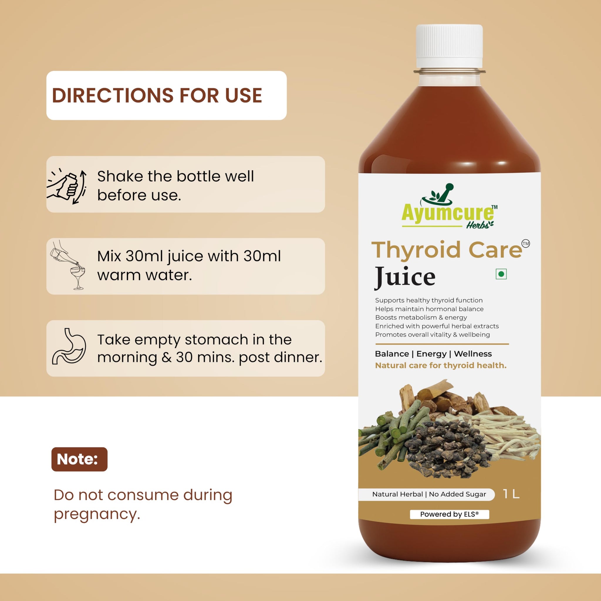 Ayumcure Thyroid Care Juice, 1L Herbal Supplement with Ashwagandha, Guggul, Licorice, Punarnava & Shankhpushpi, No Added Suga