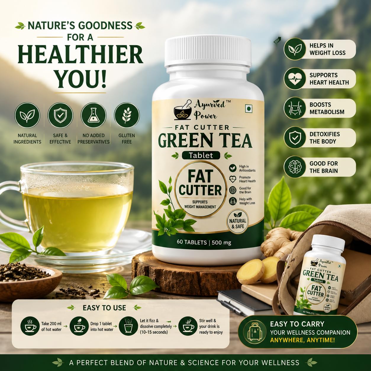 Ayurved Power Green Tea Extract Tablets, 500mg, 60 Count, Herbal Supplement - front view