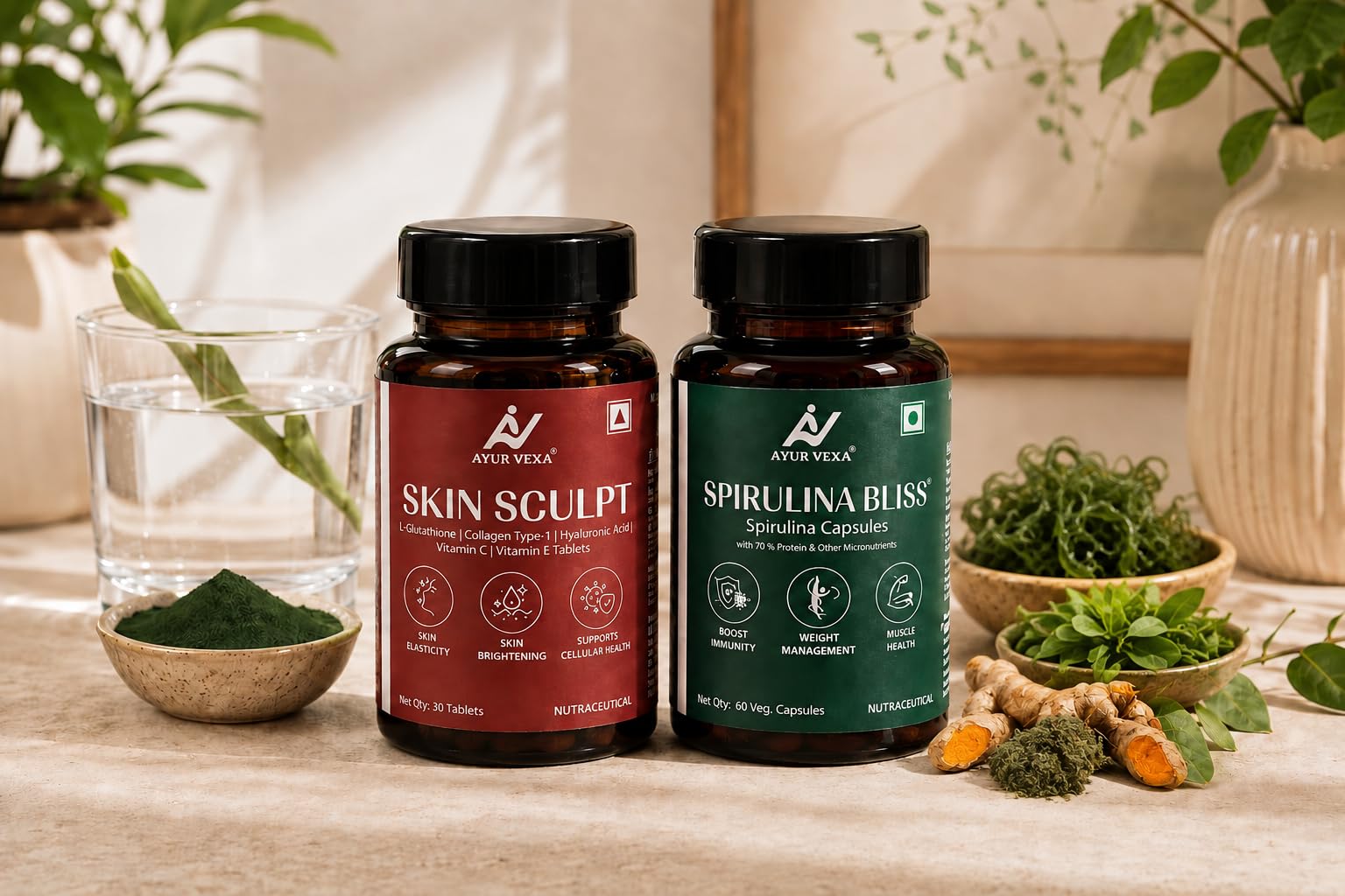 Ayurvexa Skin Sculpt & Spirulina Combo, 400g, Adult Herbal Supplement, Spirulina & Botanical Blend - front view