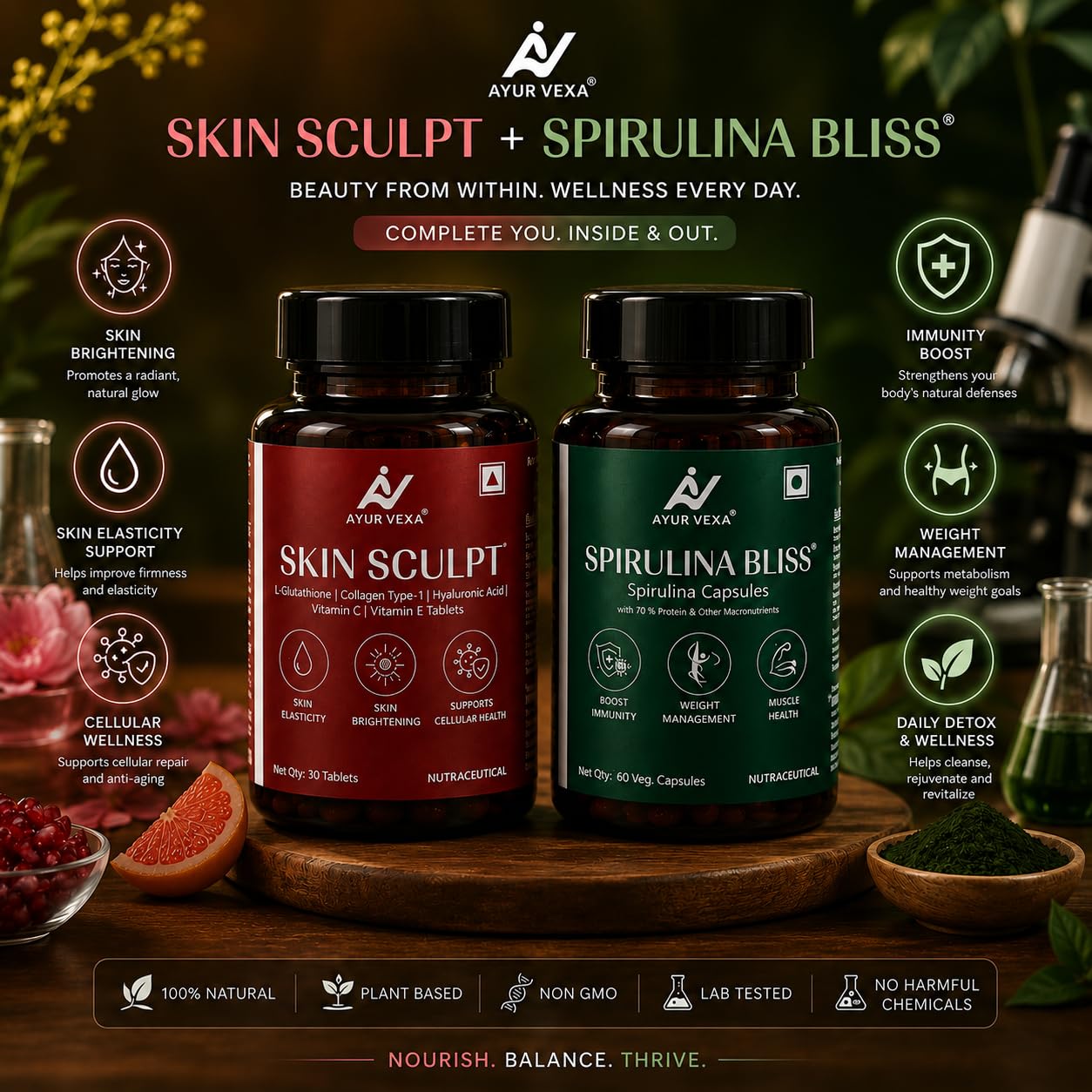 Ayurvexa Skin Sculpt & Spirulina Combo, 400g, Adult Herbal Supplement, Spirulina & Botanical Blend - back view