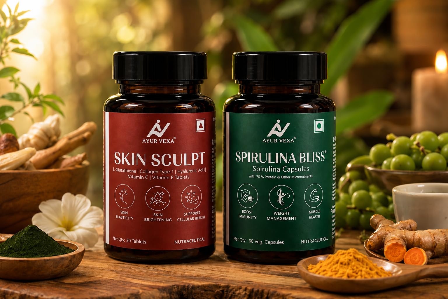 Ayurvexa Skin Sculpt & Spirulina Combo, 400g, Adult Herbal Supplement, Spirulina & Botanical Blend - ingredients panel