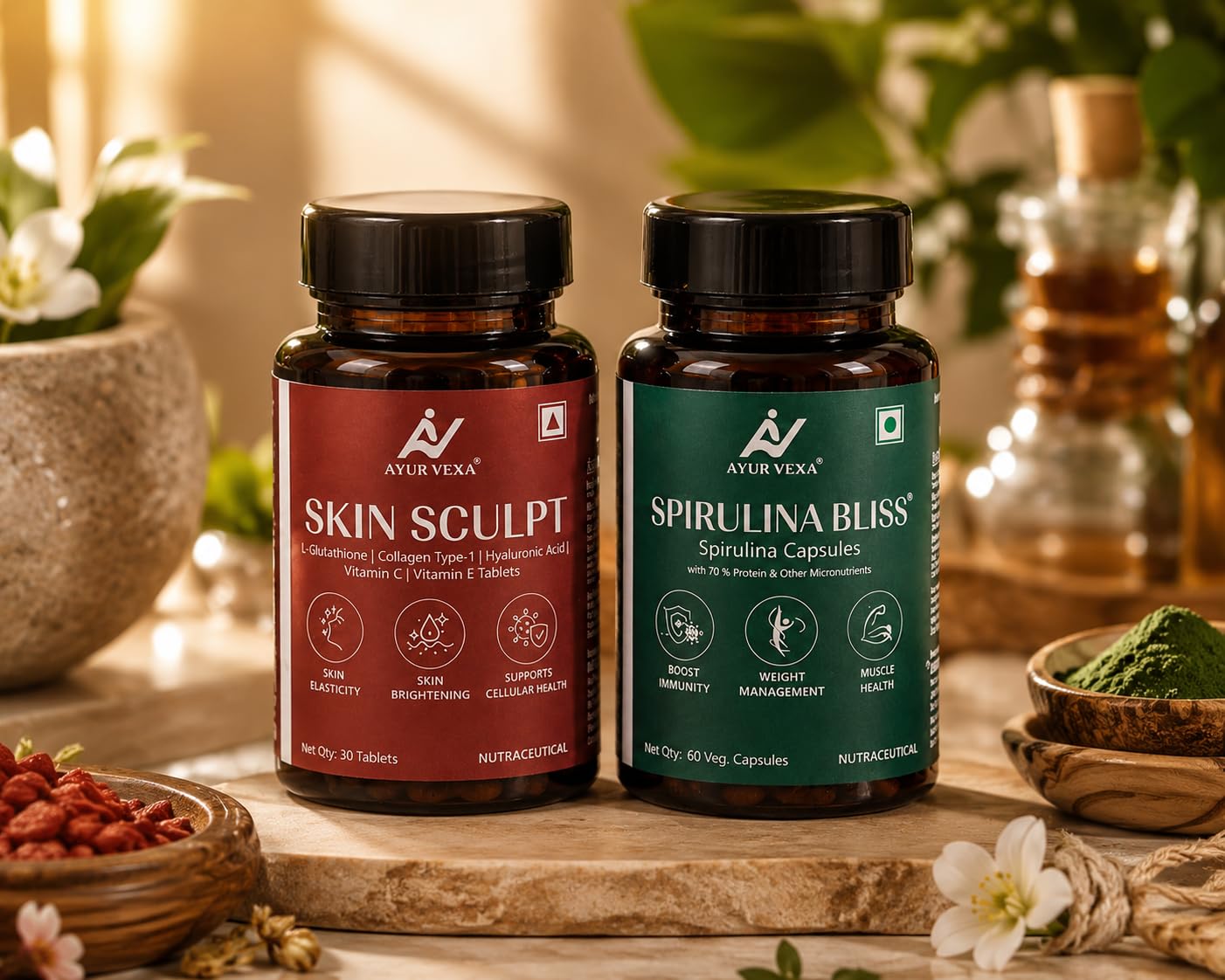 Ayurvexa Skin Sculpt & Spirulina Combo, 400g, Adult Herbal Supplement, Spirulina & Botanical Blend - close-up detail