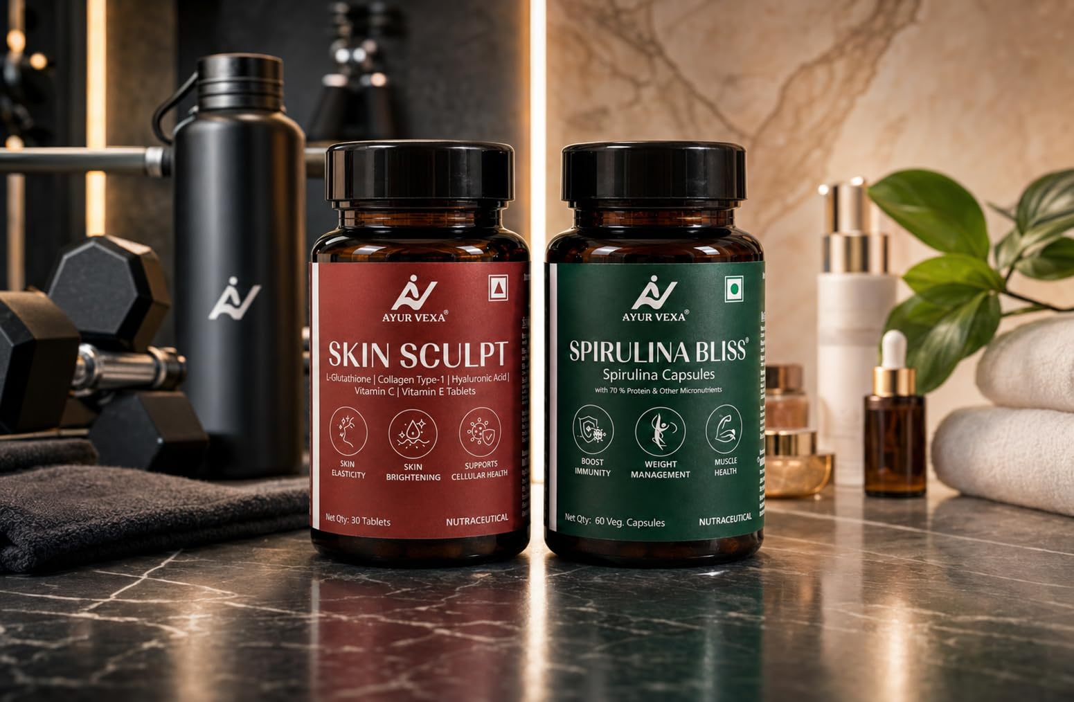 Ayurvexa Skin Sculpt & Spirulina Combo, 400g, Adult Herbal Supplement, Spirulina & Botanical Blend - in use