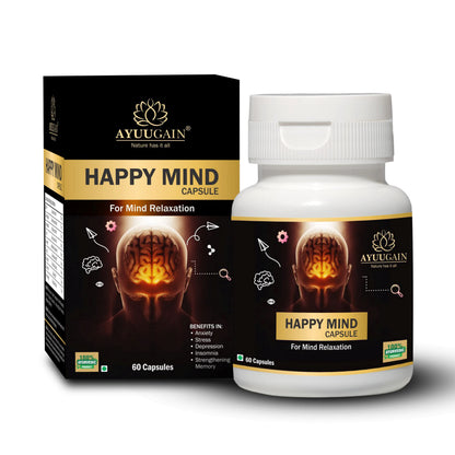 AYUUGAIN Happy Mind Capsules, Herbal Supplement with Ashwagandha, Brahmi, Shankhpushpi, Vacha & Jatamansi, 60 Vegetarian Caps