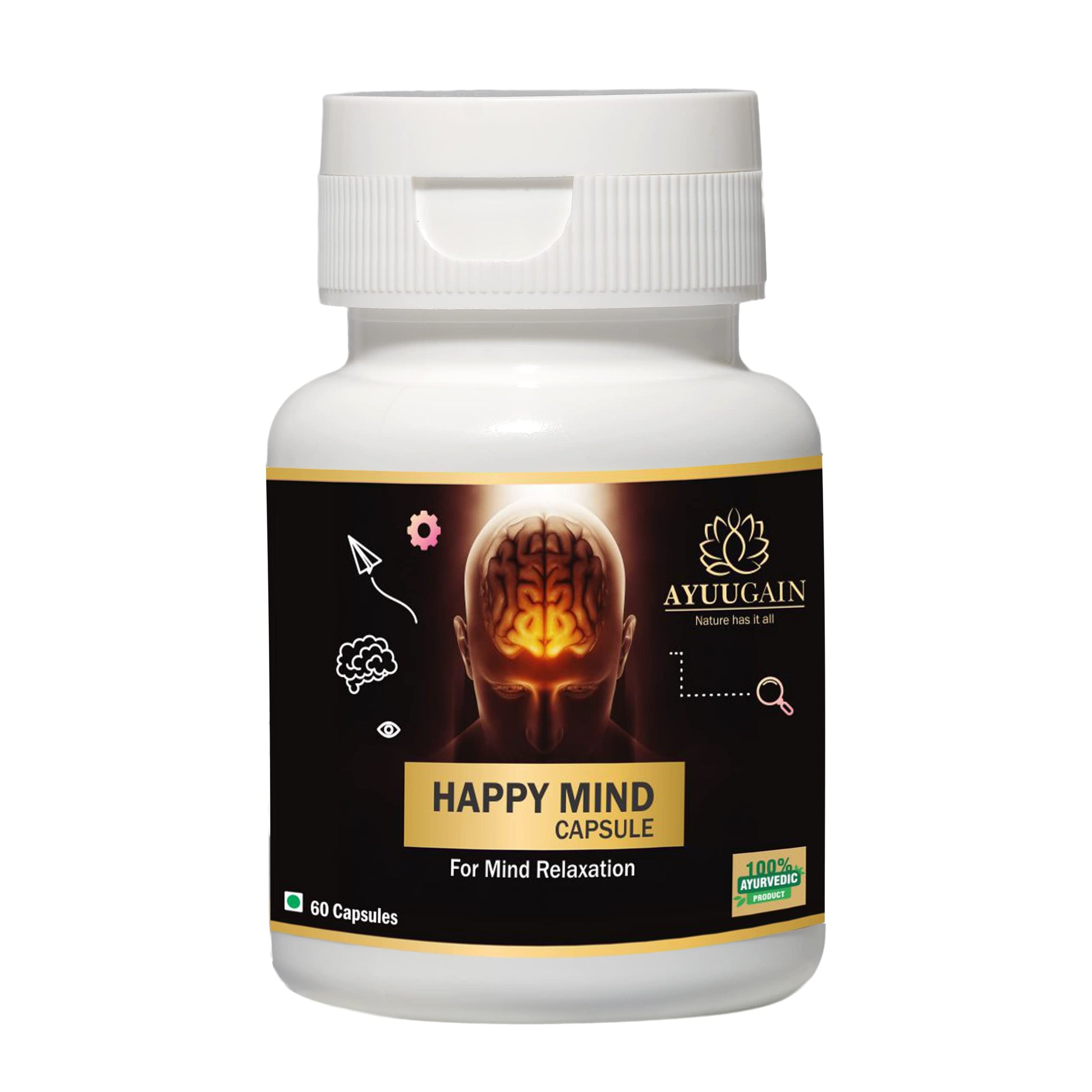 AYUUGAIN Happy Mind Capsules, Herbal Supplement with Ashwagandha, Brahmi, Shankhpushpi, Vacha & Jatamansi, 60 Vegetarian Caps