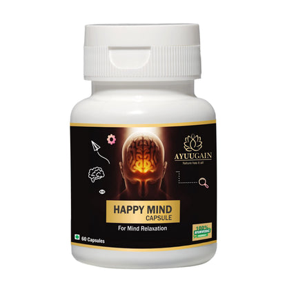 AYUUGAIN Happy Mind Capsules, Herbal Supplement with Ashwagandha, Brahmi, Shankhpushpi, Vacha & Jatamansi, 60 Vegetarian Caps