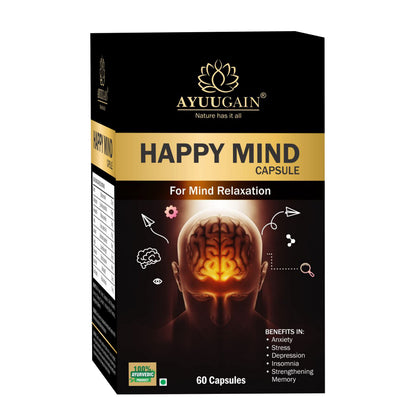 AYUUGAIN Happy Mind Capsules, Herbal Supplement with Ashwagandha, Brahmi, Shankhpushpi, Vacha & Jatamansi, 60 Vegetarian Caps