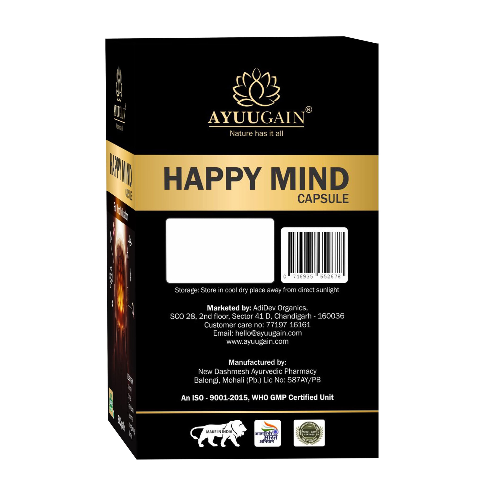 AYUUGAIN Happy Mind Capsules, Herbal Supplement with Ashwagandha, Brahmi, Shankhpushpi, Vacha & Jatamansi, 60 Vegetarian Caps