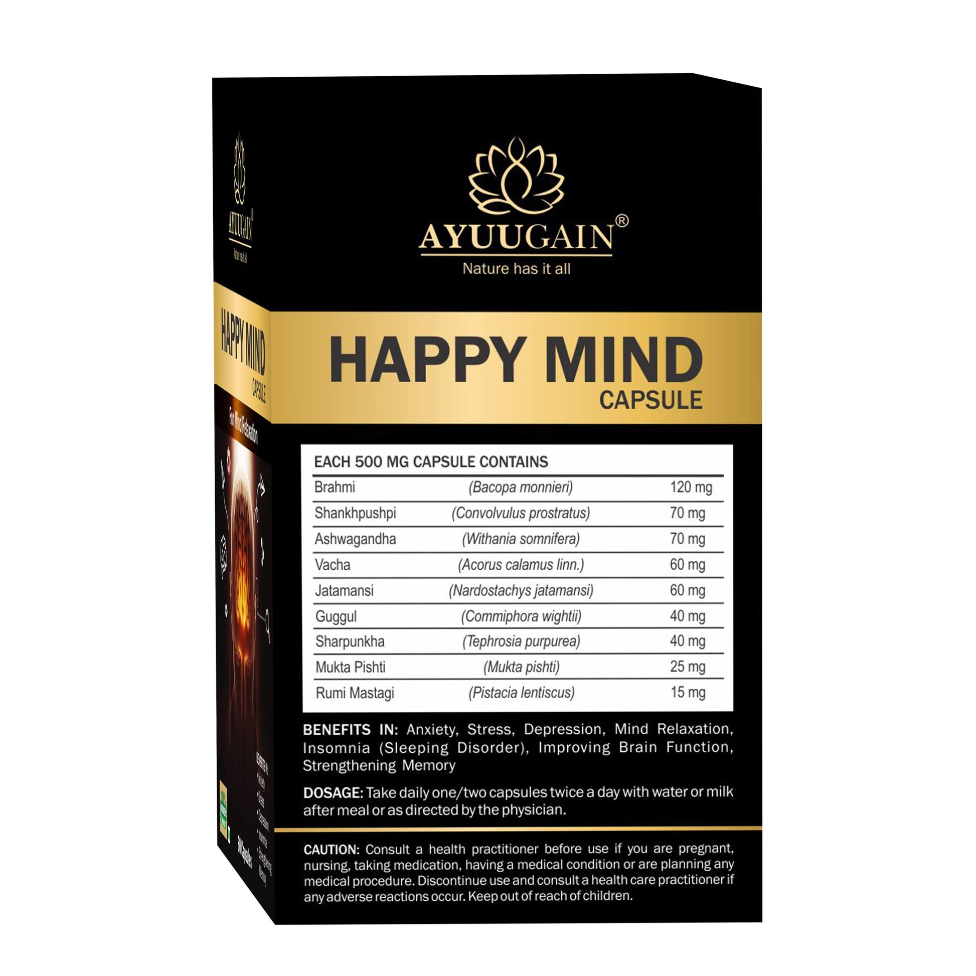 AYUUGAIN Happy Mind Capsules, Herbal Supplement with Ashwagandha, Brahmi, Shankhpushpi, Vacha & Jatamansi, 60 Vegetarian Caps