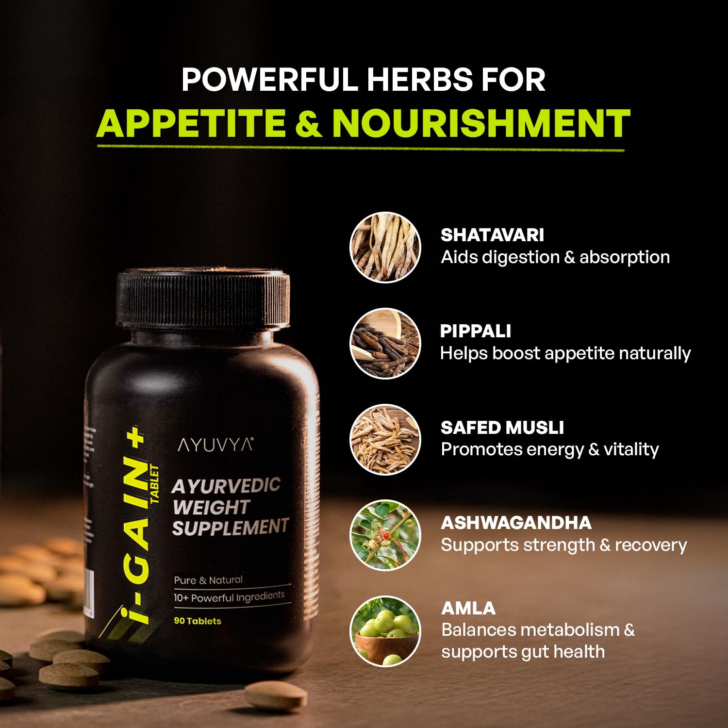 ayuvya i-GAIN+ Ayurvedic Herbal Nutritional Supplement, 90 Tablets, Adult Unisex - label detail