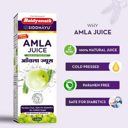 Baidyanath Asli Ayurved Amla Juice, 1 Ltr, Cold-Pressed Pure Indian Gooseberry Juice - front view