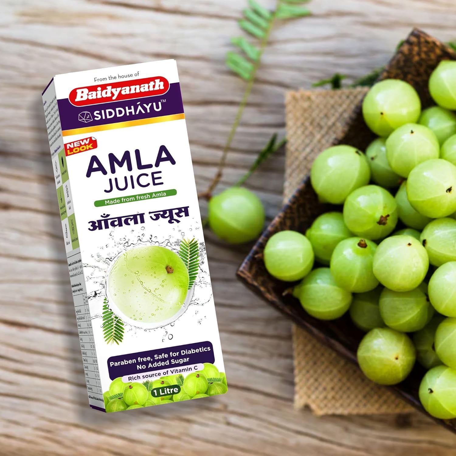 Baidyanath Asli Ayurved Amla Juice, 1 Ltr, Cold-Pressed Pure Indian Gooseberry Juice - packaging