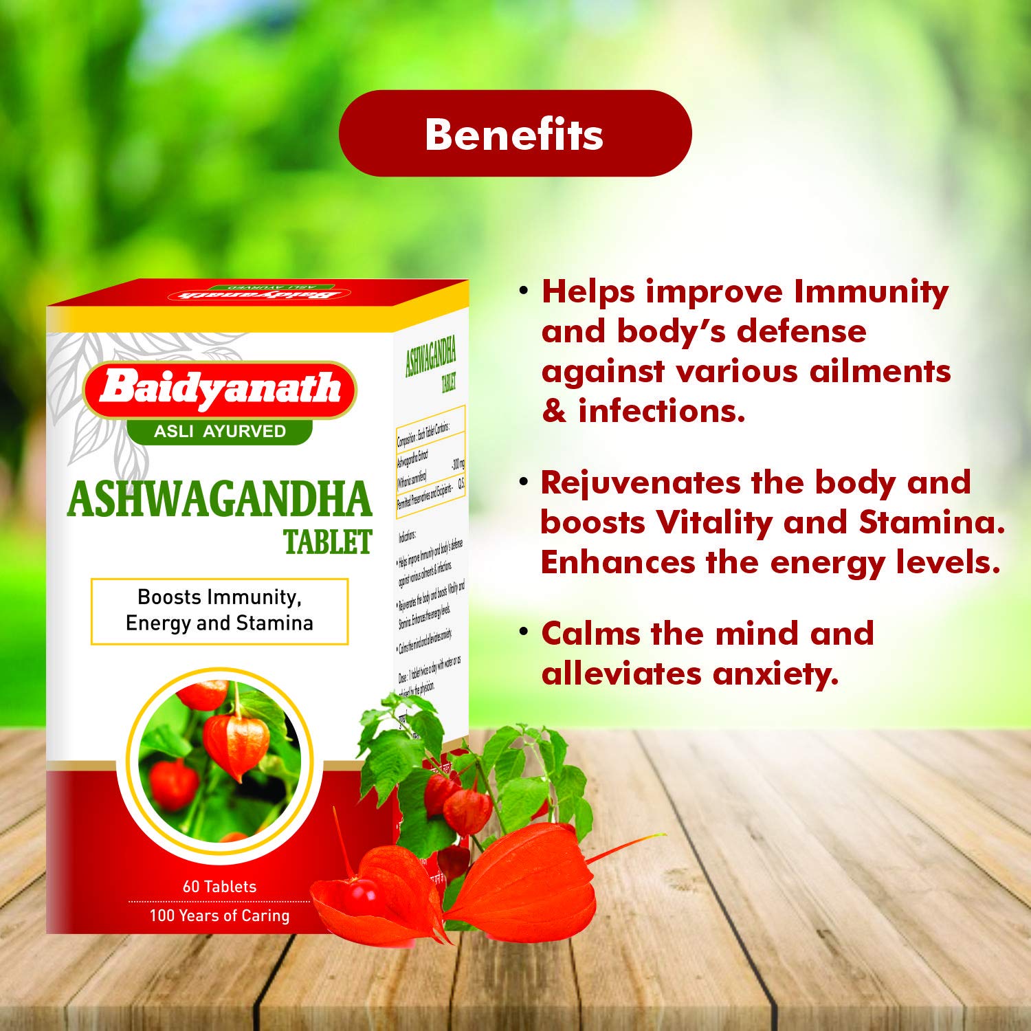 Baidyanath Asli Ayurved Ashwagandha Herbal Supplement Tablets, 60 Count, 50g, Adult - ingredients panel