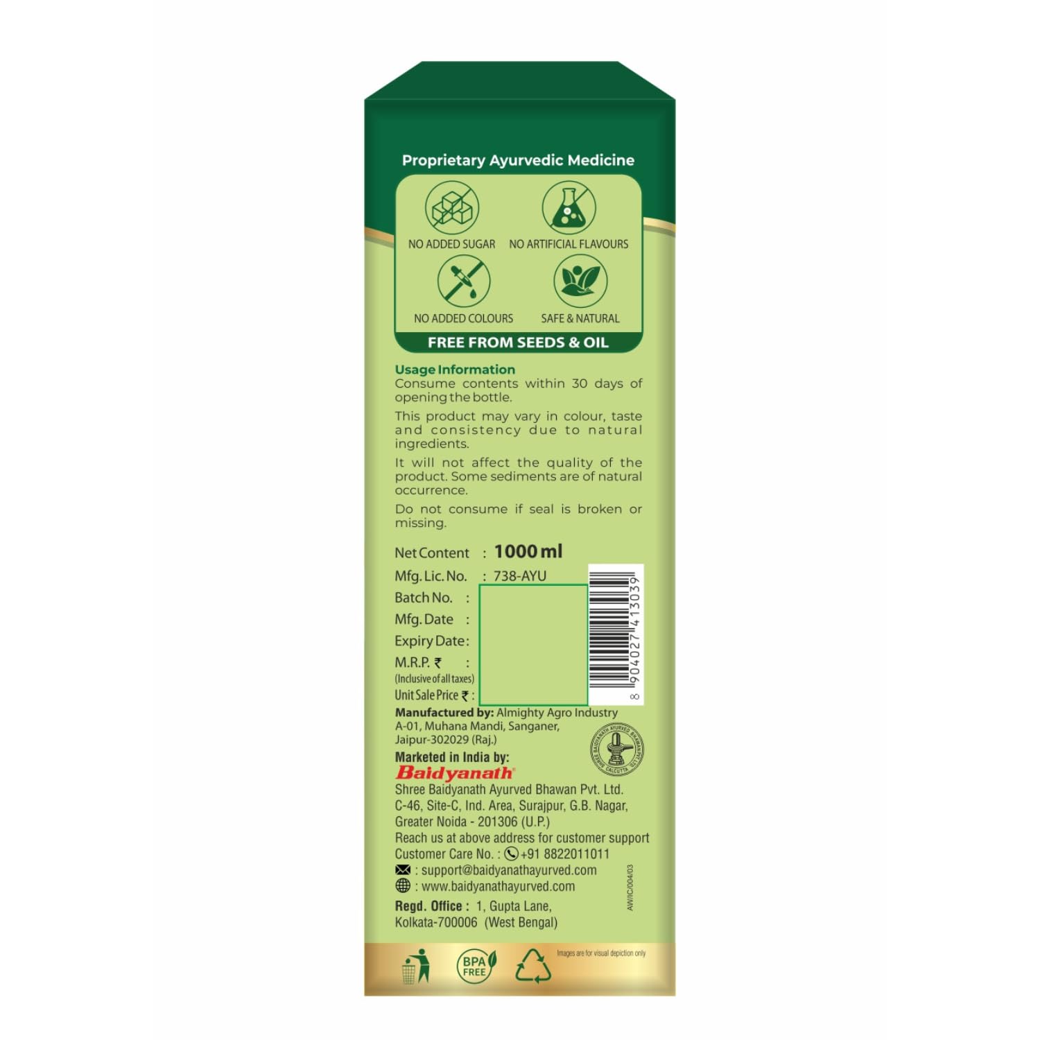 Baidyanath Ayurved Amla Juice, 1 L, Vitamin C Rich Indian Gooseberry Juice - back view