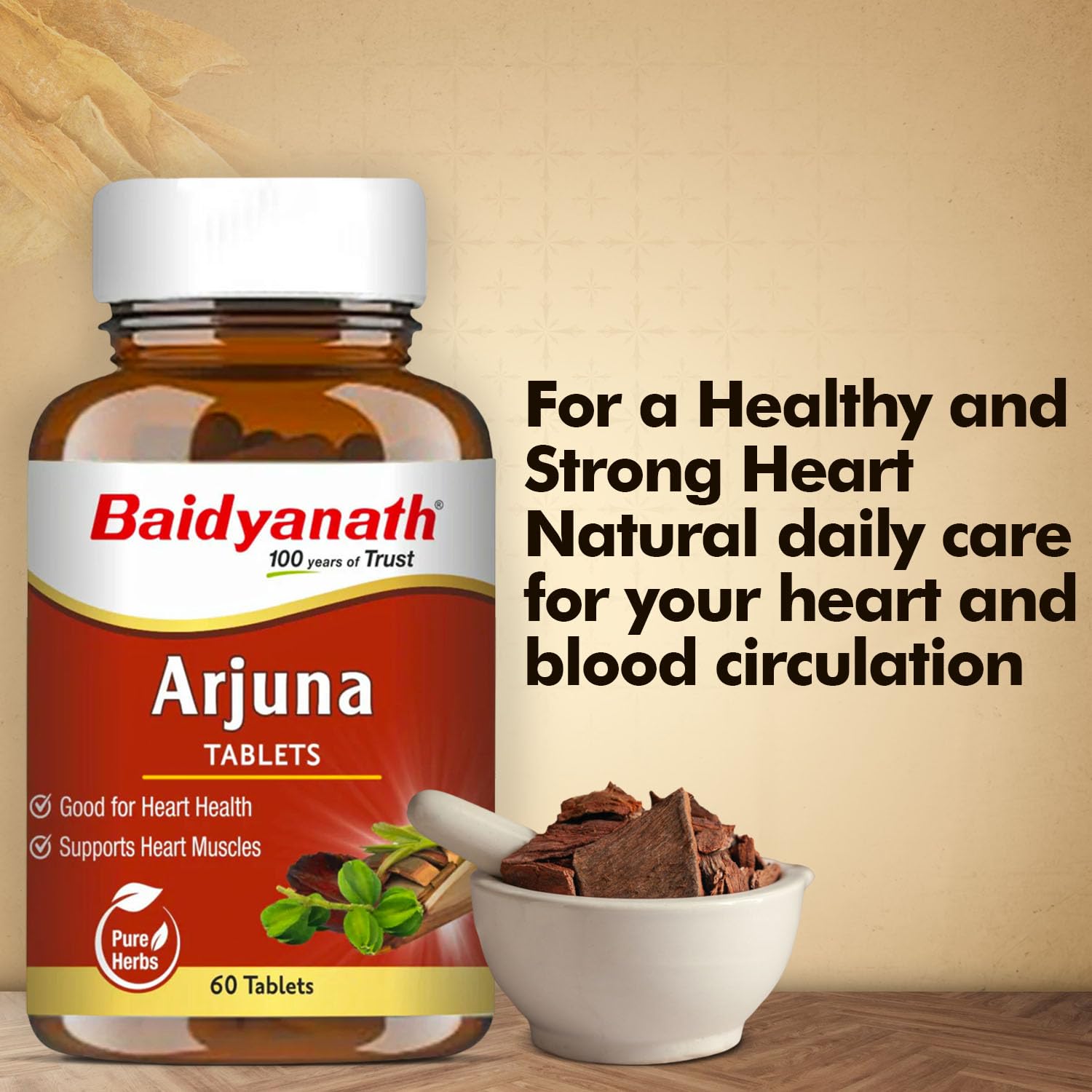 BAIDYANATH AYURVED Arjuna Tablets, 60 Count, Terminalia Arjuna Bark Extract, Herbal Supplement - front view