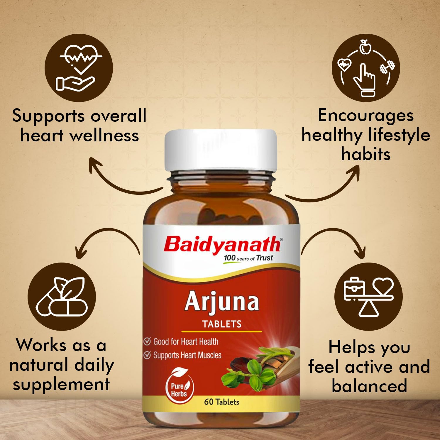 BAIDYANATH AYURVED Arjuna Tablets, 60 Count, Terminalia Arjuna Bark Extract, Herbal Supplement - packaging