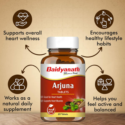 BAIDYANATH AYURVED Arjuna Tablets, 60 Count, Terminalia Arjuna Bark Extract, Herbal Supplement - packaging