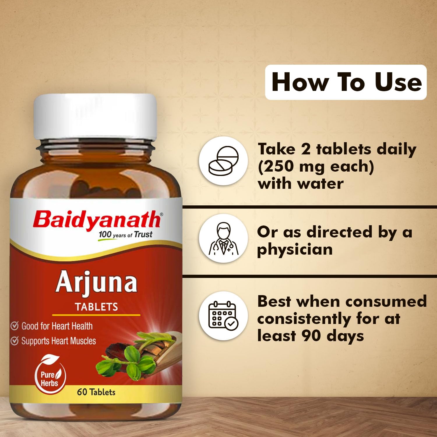 BAIDYANATH AYURVED Arjuna Tablets, 60 Count, Terminalia Arjuna Bark Extract, Herbal Supplement - label detail