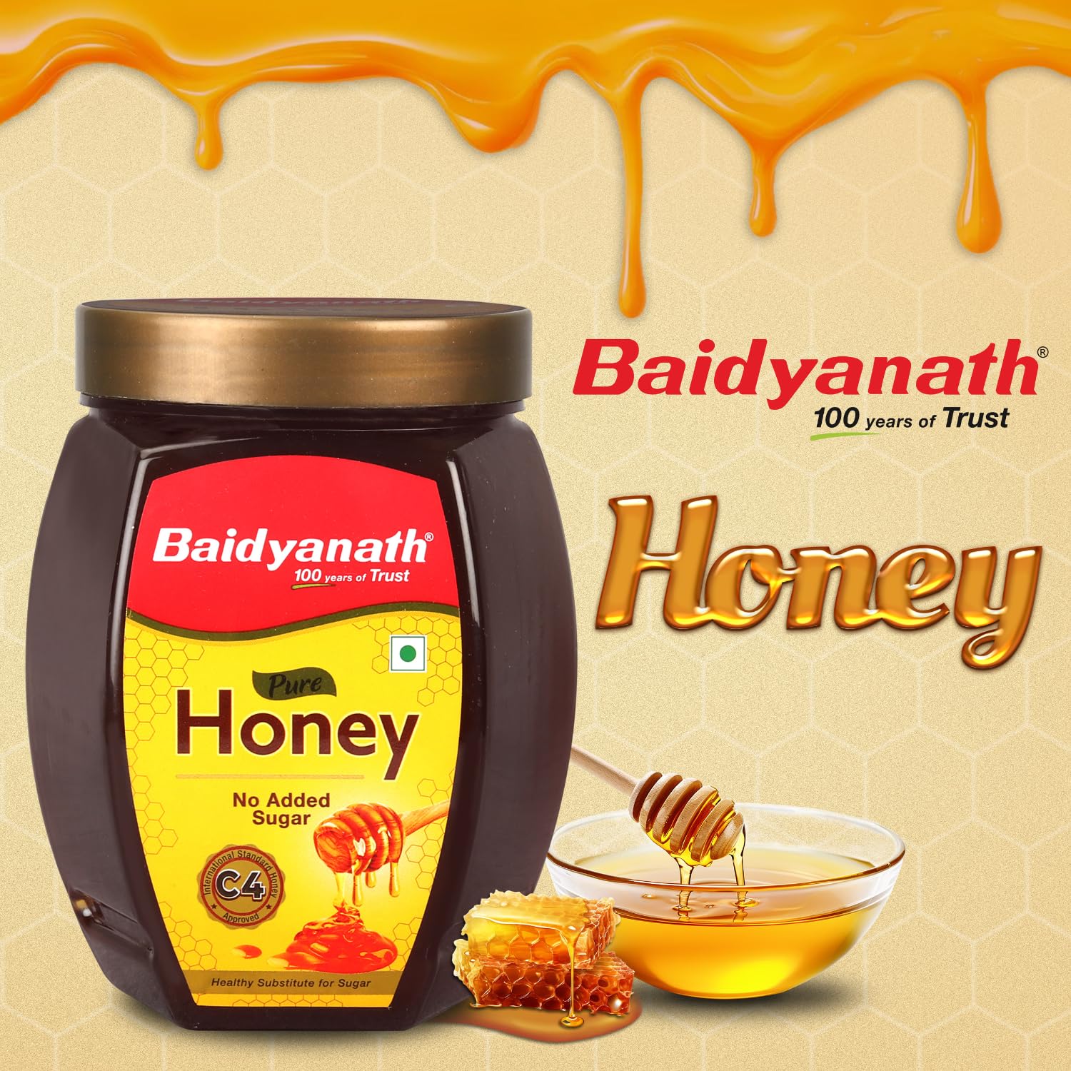 Baidyanath Ayurved Pure Honey, No Added Sugar, C4 Approved, 1 Pack - back view